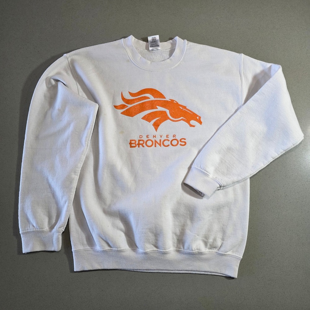Gildan Denver Broncos Men White Crewneck Sweatshirt Orange Logo Size Large read*